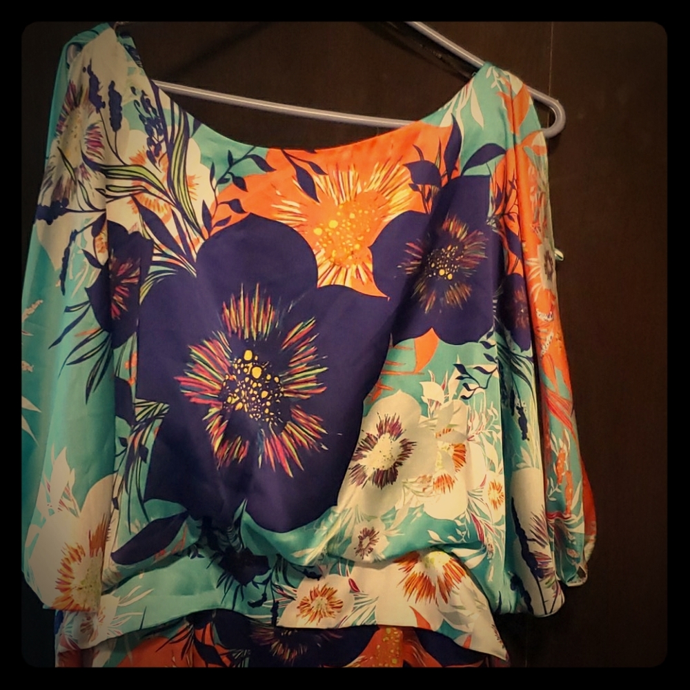 Michele Bohbot Turquoise Floral Open Back Dress